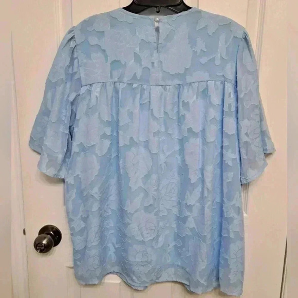 ❤️ Short Bell Sleeve Blouse Crewneck  Medium Tops Floral Blue Textured Shirt - Picture 12 of 13